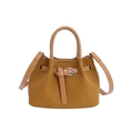 Brown woven leather bucket bag with top handles and stylish adjustable crossbody strap. - Brown No Pendant