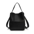 Minimalistische schwarze Eimertasche aus Leder mit weißen Kontrastnähten und Fronttasche - Schwarz