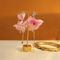 Pink floral lace drop earrings with mesh petals and gold chain fringe in long elegant style - E2992 Pink Gradient Fabric Petal Drop