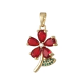 Elegant 18k gold rose pendant with red zircon petals and green stone leaf detail - Red Zirconia Golden Flower (D9010JH)
