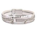 Bohemian white multi-layer leather bracelet with BLESSED bar and silver cross charm - Bohemian White Cross