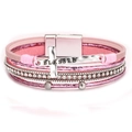Pink bohemian layered leather bracelet with silver cross and magnetic clasp - Bohemian Pink Cross