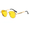 Detail of vintage steampunk sunglasses featuring gold metal frame and spring temple design - Gold Frame Yellow Lenses
