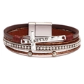 Bohemian multilayer brown PU leather bracelet with silver BLESSED cross and magnetic clasp - Bohemian Coffee Cross