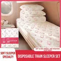 Disposable train bedding set featuring pink cartoon rabbit prints on white non-woven fabric - Sleeper Train Set (Printed)