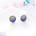Detailed close-up of round fish scale stud earrings with iridescent blue-purple texture - K5 / Royal Blue