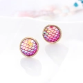 Macro detail of round mermaid scale stud earrings with colorful gradient texture - K5 / Red