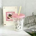 Reusable plastic cold cup with pink lid, yellow straw and minimalist coffee illustrations - Small Life Style / 300ml-500ml