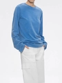 Vintage wash blue long sleeve cotton T-shirt with chest pocket and round neck design - Light Blue