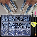 Blue 12-slot nail art rhinestone kit with picking tools and mixed crystal shapes - 12 Grids Navy Blue Rhinestone Set