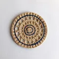 Bohemian round straw wall decor with navy blue accents and intricate hand-woven patterns - Navy Blue Hollow Woven Style (20cm)