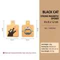 Apribottiglie magnetico in legno con gatto nero stampato per il frigorifero - Apribottiglie Gatto Nero Quadrato in Faggio con Manico