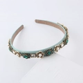 Detail of light blue baroque headband featuring vintage gold metal, green gems and pearls - Green