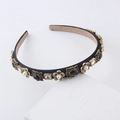 Baroque thin headband with pearls and rhinestones on black matte surface in vintage style - Black