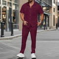 Men's burgundy waffle knit short sleeve shirt and pants two-piece leisure set - S / Burgundy