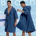 Navy blue quick-dry hooded beach poncho for men with button closure for surfing - One Size / Cardigan Style - Solid Dark Blue