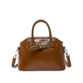 Brown shell crossbody bag in glossy oil wax leather with silver metal hardware accents - Brown