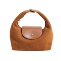 Minimalist caramel brown suede crossbody bag with leather flap and metal buckle - Brown