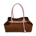 Borsa tote leopardata alla moda con manici rosa a contrasto e fibbia in metallo dorato - Marrone