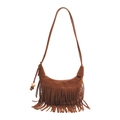 Vintage brown suede hobo bag with long fringes and boho style shoulder strap design - Brown