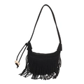 Vintage black suede shoulder bag with long tassels and wooden bead drawstring detail - Black