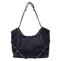 Bolso tote de tela vaquera azul con costuras blancas en contraste y hebillas metálicas - Azul