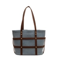 Borsa tote Oxford blu con finiture in pelle marrone e rivetti dorati su sfondo bianco - Azzurro