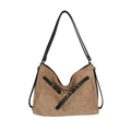 Bolso tote minimalista de ante marrón con correas de cuero negro y hebillas doradas - Caqui