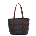 Grande borsa tote in denim blu scuro con cinturini in pelle marrone e borchie dorate trendy - Blu scuro