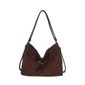 Bolso tote vintage de ante marrón oscuro con correas negras y detalle de anillo dorado - Café