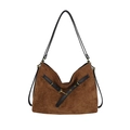 Bolso tote retro de ante color caramelo con correas negras y anillos metálicos oro - Marrón