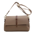Minimalist brown lychee leather crossbody bag with wide strap and gold metal buckle - Khaki