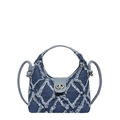 Hobo-Tasche aus blauem Denim mit Quasten-Gittermuster und Metalldrehverschluss - Blau