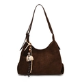 Retro dark brown hobo shoulder bag with matte leather finish and coffee cup charm - With Pendant / Coffee