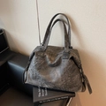 Distressed charcoal leather tote bag with metallic rivet studs and dual handles - Dark Brown