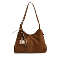 Vintage brown suede tote bag with stylish coffee cup charm and elegant shoulder strap - With Pendant / Brown