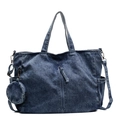 Donkerblauwe denim shopper met vakken en een afneembare ronde muntenhouder - Blauw