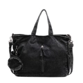 Black washed denim large tote bag with matching round pouch and front zipper pocket - Black
