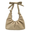Minimalist beige moon bag with a decorative bow on the shoulder strap for women - Khaki