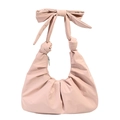 Minimalist light pink crossbody bag with a large bow strap and pleated nylon texture - Pink