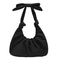 Chic black pleated shoulder bag featuring a decorative oversized bow and cloud-like texture - Black