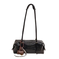Minimalist black shiny pleated shoulder bag with brown mini pouch pendant and long straps - Black