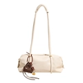 Chic beige cylinder tote bag with fine litchi texture and brown mini charm accessory - White
