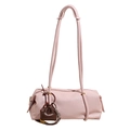 Pink leather boston bag with long shoulder straps and a mini charm on white background - Pink