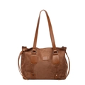 Bruine vintage suède tote bag met lederen riemen en zilveren beslag op witte achtergrond - Bruin