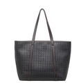 Bolso tote trenzado grande en gris oscuro con asas largas de cuero marrón elegante - Gris
