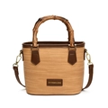 Secchiello intrecciato beige con manico in bambù e dettagli in pelle marrone - Marrone