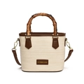 Borsa a secchiello con manico in bambù in tessuto intrecciato crema e finiture in pelle marrone - Bianco