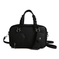 Sac Boston noir à motif litchi rétro avec poignée et bandoulière amovible - Noir
