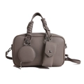 Sac Boston taupe en cuir grainé avec poignées tressées et ensemble d'accessoires 3-en-1 - Gris